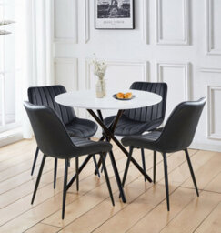 Hallowood Furniture Cullompton Small Round Marble Effect Dining Table 90Cm With 4 Black Bonded Leather Chairs - thumbnail 1