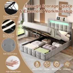 Btm 4Ft6 Velvet Ottoman Bed With Hydraulic Storage, Led Headboard, Charging Station, Grey - thumbnail 7