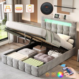 Btm 4Ft6 Velvet Ottoman Bed With Hydraulic Storage, Led Headboard, Charging Station, Grey - thumbnail 3