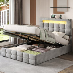 Btm 4Ft6 Velvet Ottoman Bed With Hydraulic Storage, Led Headboard, Charging Station, Grey - thumbnail 2