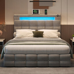 Btm 4Ft6 Velvet Ottoman Bed With Hydraulic Storage, Led Headboard, Charging Station, Grey