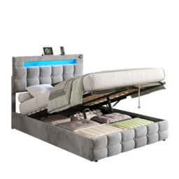 Btm 4Ft6 Velvet Ottoman Bed With Hydraulic Storage, Led Headboard, Charging Station, Grey - thumbnail 9