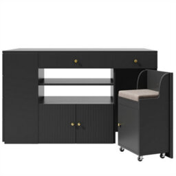 Abrihome Adjustable Kitchen Island With Bar Stools - Sideboard & Cabinet With 6 Drawers, Width 140-70Cm, White/black - thumbnail 9