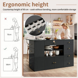 Abrihome Adjustable Kitchen Island With Bar Stools - Sideboard & Cabinet With 6 Drawers, Width 140-70Cm, White/black - thumbnail 2