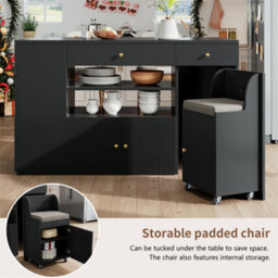 Abrihome Adjustable Kitchen Island With Bar Stools - Sideboard & Cabinet With 6 Drawers, Width 140-70Cm, White/black - thumbnail 3