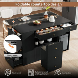 Abrihome Adjustable Kitchen Island With Bar Stools - Sideboard & Cabinet With 6 Drawers, Width 140-70Cm, White/black - thumbnail 4