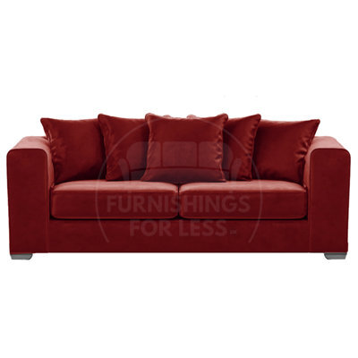 Furnishings For Less UK Ella Boxed Arm Plush Velvet  Fabric 3 Seater Sofa Red