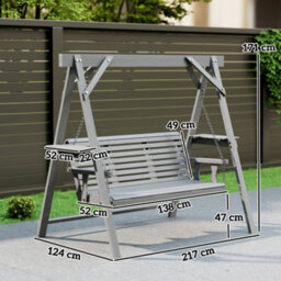 Outsunny 3 Seater Wooden Garden Swing Chair With Side Tables, Dark Grey - thumbnail 3