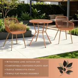 Core Products 3 Piece Round Garden Bistro Set In Terracotta, Includes Pair Of Sunray Armchairs And Plastic Table - thumbnail 2