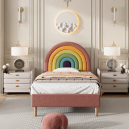 Abrihome Pink Upholstered Single Bed Frame With Adjustable Headboard And Slatted Frame - Velvet Youth/adult Bed - thumbnail 2