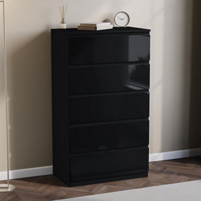 Black Modern Gloss 5 Drawer Chest Of Drawers Storage Tall Cabinet Bedroom Furniture - image 1