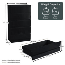Black Modern Gloss 5 Drawer Chest Of Drawers Storage Tall Cabinet Bedroom Furniture - thumbnail 2