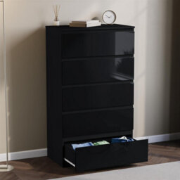 Black Modern Gloss 5 Drawer Chest Of Drawers Storage Tall Cabinet Bedroom Furniture - thumbnail 3