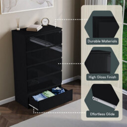 Black Modern Gloss 5 Drawer Chest Of Drawers Storage Tall Cabinet Bedroom Furniture - thumbnail 4
