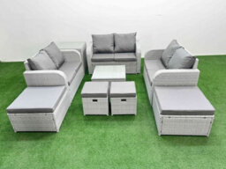 Fimous Outdoor Garden Furniture Set Pe Rattan Love Sofa Set With Coffee Table 4 Footstools Side Table Light Grey - thumbnail 1