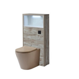 Homestylestore 600mm Light Oak Floorstanding Bathroom Wc Unit Led Lit Shelf Sand Toilet And Black Flush Button - thumbnail 1