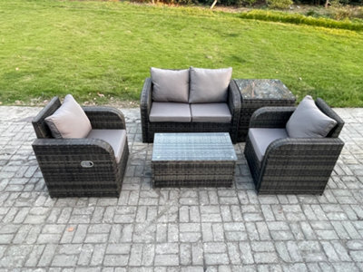 Fimous 5 Pc Outdoor Pe Rattan Garden Furniture Set Wicker Love Sofa Coffee Table 2 Armchair Side Table Dark Grey Mixed - image 1