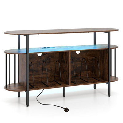 Brown 140 Cm 3Tier Record Player Stand Vinyl Cabinet With Led Lights & Power Outlets - image 1