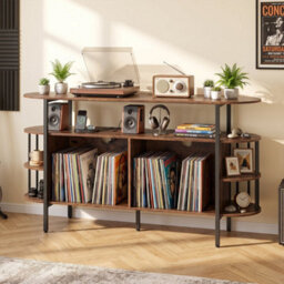 Brown 140 Cm 3Tier Record Player Stand Vinyl Cabinet With Led Lights & Power Outlets - thumbnail 3