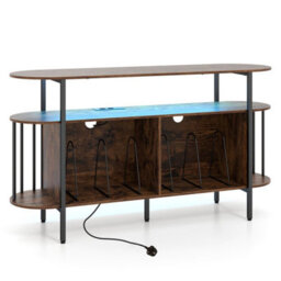 Brown 140 Cm 3Tier Record Player Stand Vinyl Cabinet With Led Lights & Power Outlets - thumbnail 1