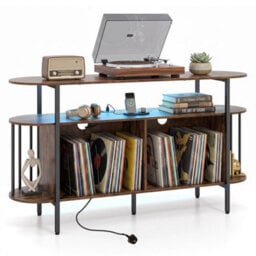 Brown 140 Cm 3Tier Record Player Stand Vinyl Cabinet With Led Lights & Power Outlets - thumbnail 4