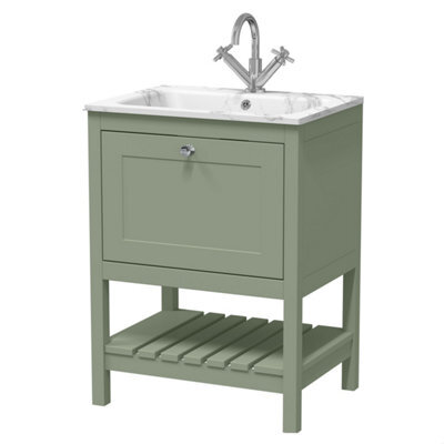 Balterley Coppenhall Contemporary 1 Drawer Floor Standing Vanity Unit With Stone Basin, Fern Green, 600mm - image 1