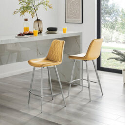 Furniturebox Uk 2X Counter Stools - Pesaro Mustard Yellow Velvet Upholstered Dining Chair Silver Metal Legs - Kitchen Furniture - thumbnail 1