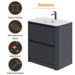 Plum&clay Isla Ribbed Fluted Grey 2 Drawer Freestanding Bathroom Vanity Unit & White Basin Set (W)800mm - thumbnail 6
