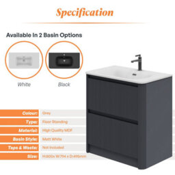 Plum&clay Isla Ribbed Fluted Grey 2 Drawer Freestanding Bathroom Vanity Unit & White Basin Set (W)800mm - thumbnail 5