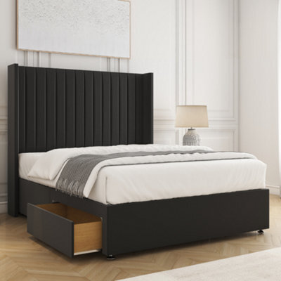 Bsspoke Manhattans Divan Bed Black Plush Velvet 54Inch Wingedback Headboard & 2 Drawers Footend & Mattress In All Sizes - image 1