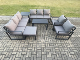 Fimous Aluminium Outdoor Garden Furniture Set 9 Seater Garden Sofa With Oblong Coffee Table Big Footstool Side Table - thumbnail 2