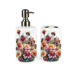 Purely Home Floral Bees Bathroom Set - Refillable Ceramic Soap Dispenser & Toothbrush Holder - thumbnail 1