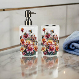 Purely Home Floral Bees Bathroom Set - Refillable Ceramic Soap Dispenser & Toothbrush Holder - thumbnail 2