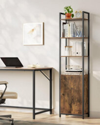 Tall Bookcase, 6-Tier Storage Shelf With Door, Metal Frame And Adjustable Shelves, Rustic Brown And Ink Black