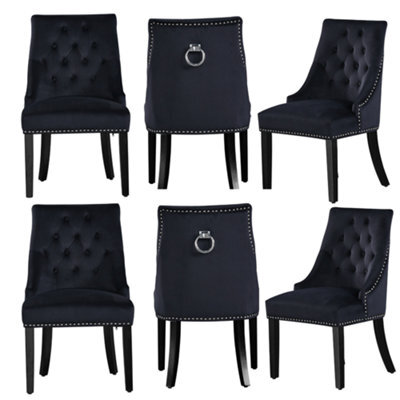 Life Interiors Set Of 6 Black Velvet Dining Chairs Ergonomic Scoop Knockerback & Button Tufted Wood Legs - image 1