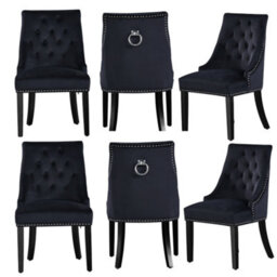 Life Interiors Set Of 6 Black Velvet Dining Chairs Ergonomic Scoop Knockerback & Button Tufted Wood Legs - thumbnail 1