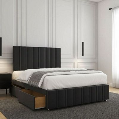 REGIONAL FURNISHINGS Divan Bed Set Black Plush Velvet Upholstered 24Inch Headboard & Footboard 2Drawersfootend & Mattress In 4Ft 4Ft6 5Ft 6Ft - image 1