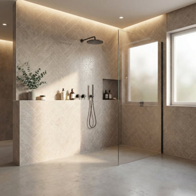Ener-J Britwall Pvc Shower Panels Pack Of 3 Light Beige Herringbone Waterproof Bathroom Wall Cladding 2400X1000X10mm - image 1