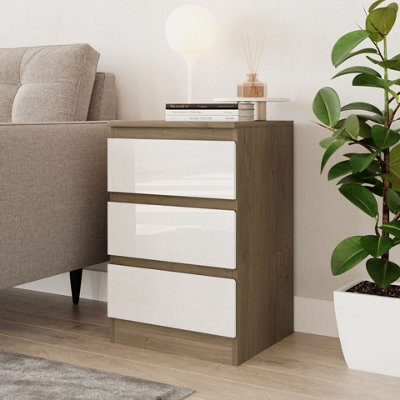 Urbn-Living Urbnliving 62Cm Height Glossy 3 Drawers Bedside Cabinet Chest Of Drawers With Smooth Metal Runner Oak & White - image 1