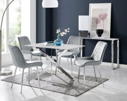 Furniturebox Uk Leonardo White Glass Marble Effect Silver Leg Table & 4 Grey Pesaro Silver Chairs