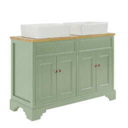 Homestylestore Pastel Green And Oak 1210mm Bathroom Vanity Unit With 2 Square Countertop Basins And Round Aged Bronze Handles