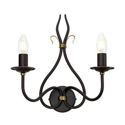 Elegant Twin Wall Light Sconce In Wrought Iron With Gold Accent And Led E14 Bulb