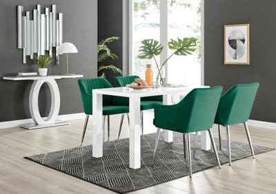 Furniturebox Uk Pivero White High Gloss Dining Table & 4 Green Calla Silver Leg Velvet Chairs - image 1