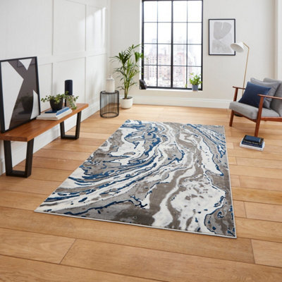 Grey Navy Abstract Modern Easy To Clean Rug For Dining Room-120Cm X 170Cm - image 1