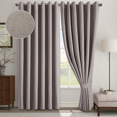 Aspire Homeware Mocha Linen 100% Blackout Curtain Thermal Insulated Eyelet Curtain Pair (W)168Cm X (D)183Cm With Tie Back
