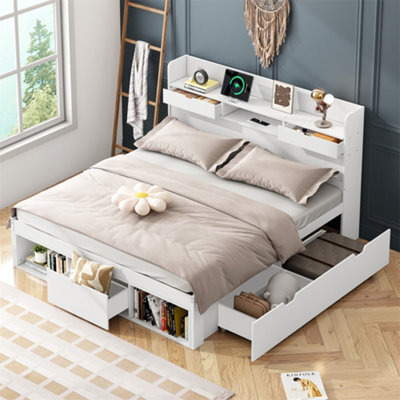 Abrihome 135X190Cm, Double Bed, With Usb Port & Drawers & Storage Cabinet, Youth Bed, Large Storage Space, Without Mattress, White - image 1