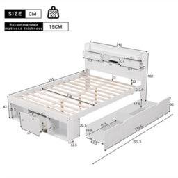 Abrihome 135X190Cm, Double Bed, With Usb Port & Drawers & Storage Cabinet, Youth Bed, Large Storage Space, Without Mattress, White - thumbnail 8