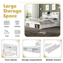 Abrihome 135X190Cm, Double Bed, With Usb Port & Drawers & Storage Cabinet, Youth Bed, Large Storage Space, Without Mattress, White - thumbnail 3