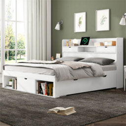 Abrihome 135X190Cm, Double Bed, With Usb Port & Drawers & Storage Cabinet, Youth Bed, Large Storage Space, Without Mattress, White - thumbnail 2