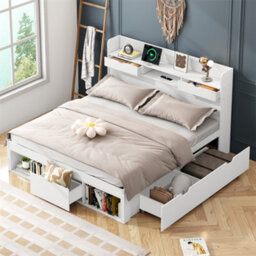 Abrihome 135X190Cm, Double Bed, With Usb Port & Drawers & Storage Cabinet, Youth Bed, Large Storage Space, Without Mattress, White - thumbnail 1